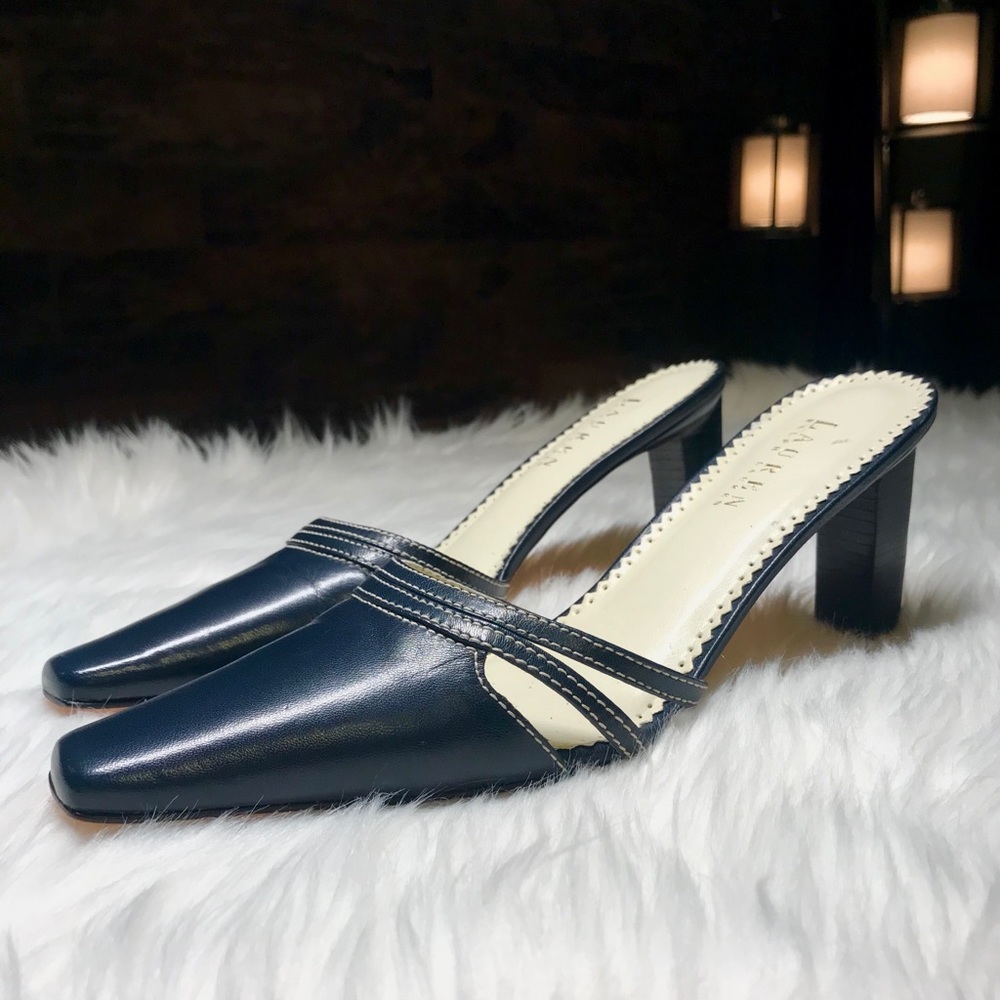 Ralph Lauren👢Navy Blue Square Toe Leather Mules